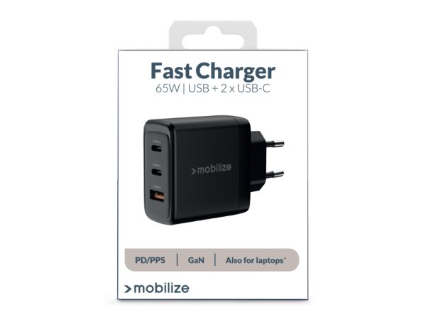 Mobilize Wall Charger 2x USB-C + 1x USB GaN 65W with PD/PPS Black