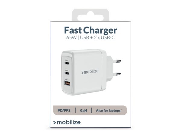 Mobilize Wall Charger 2x USB-C + 1x USB GaN 65W with PD/PPS White