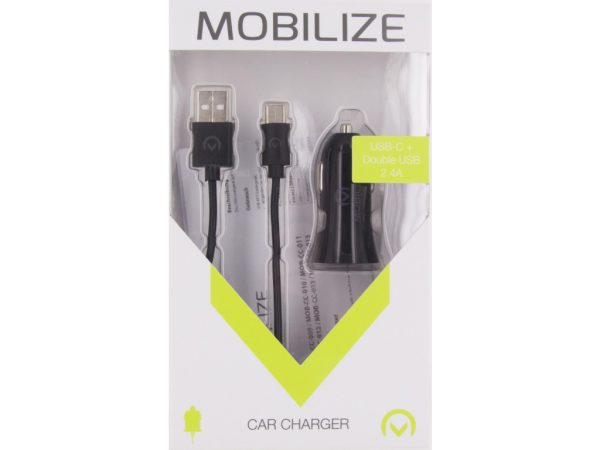 Mobilize Car Charger Dual USB 2.4A 12W + 1m USB-C Cable Black