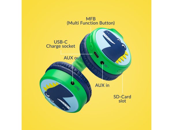 Mobilize Wireless/Wired Over Ear Kids Headphone 85dB Dinosaur