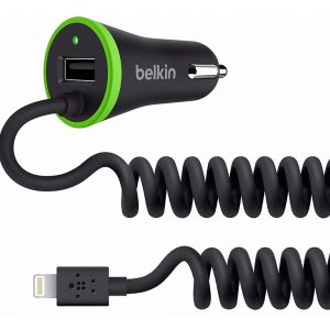 Belkin Car Charger with USB Port + Coiled Lightning Connector 3.4A Black