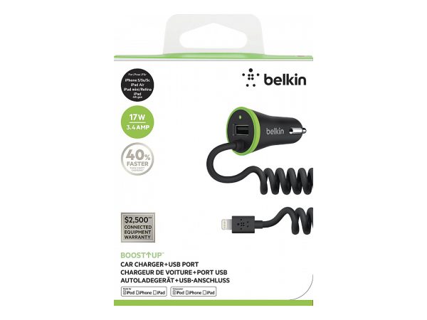 Belkin Car Charger with USB Port + Coiled Lightning Connector 3.4A Black